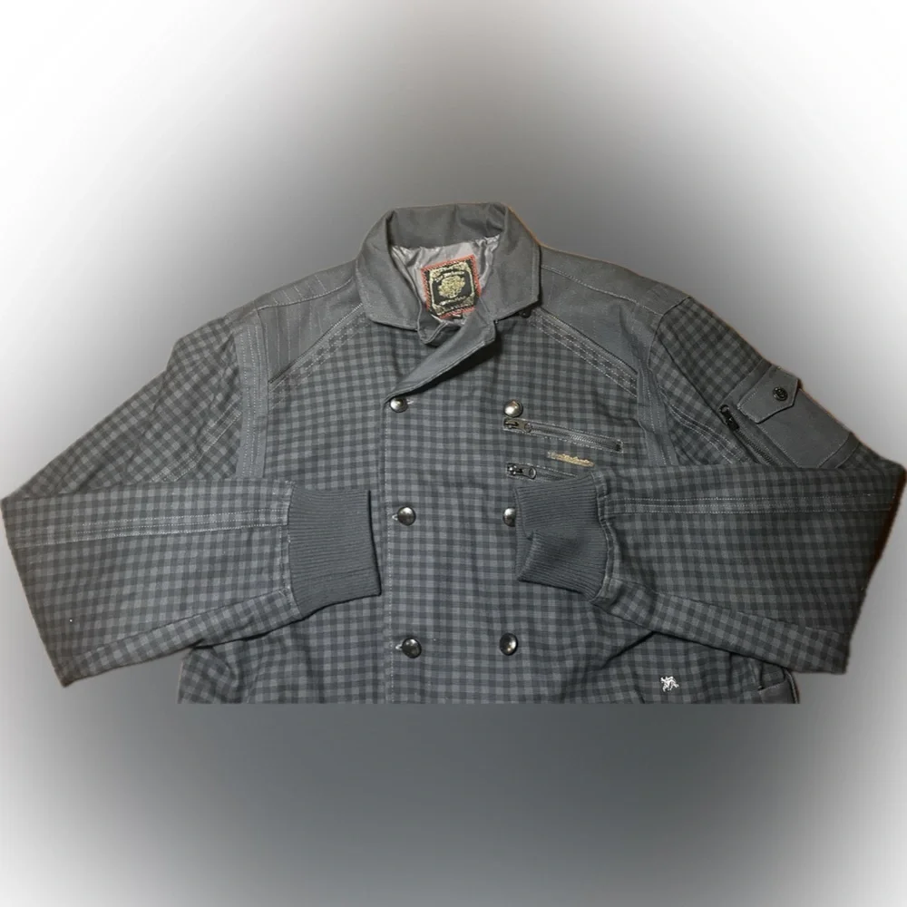Live Mechanics Canvas Checked Plaid Gray Streetwear Moto Grunge Stud Coat 2XL
